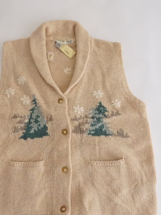 Vintage Legends Tan Shawl Collar Snowflake 85% Wool Tree Knit Vest Cabin XL NWT - Picture 9 of 11